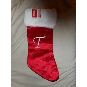 Upper Case White T Monogram on a 18.5" Red Velour Christmas Stocking Merry Brite